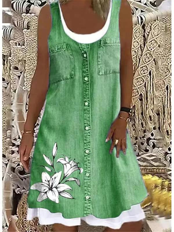 Women's Fashion Paneling Round Neck Printed Faux Denim Casual Dress