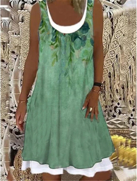 Women's Fashion Paneling Round Neck Printed Faux Denim Casual Dress