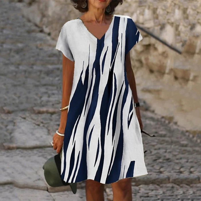 Ladies Fashion Print Loose V Neck Casual Dress