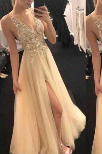 Sexy Deep V Neck Slit Backless Shiny Sheer Wedding Guest Dress