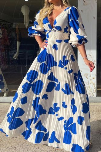 Summer Bohemian Elegant Party Fashion V Neck Long Sleeve Printed Maxi Dress