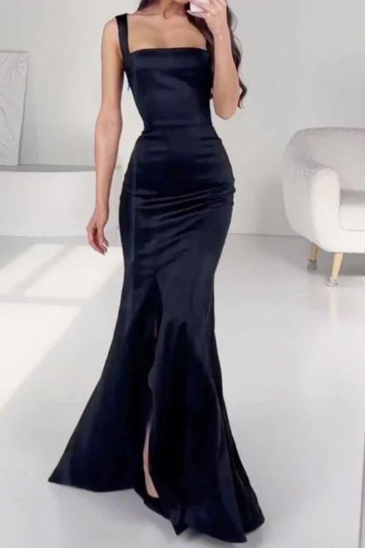 Women's Fashion Elegant Solid Color Camisole Sleeveless Square Neck Slit Wedding Guest Dress