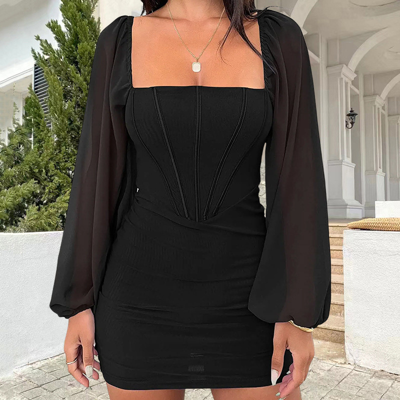 Sexy Fashion Square Neck Tunic Backless Mesh Party  Bodycon Dress