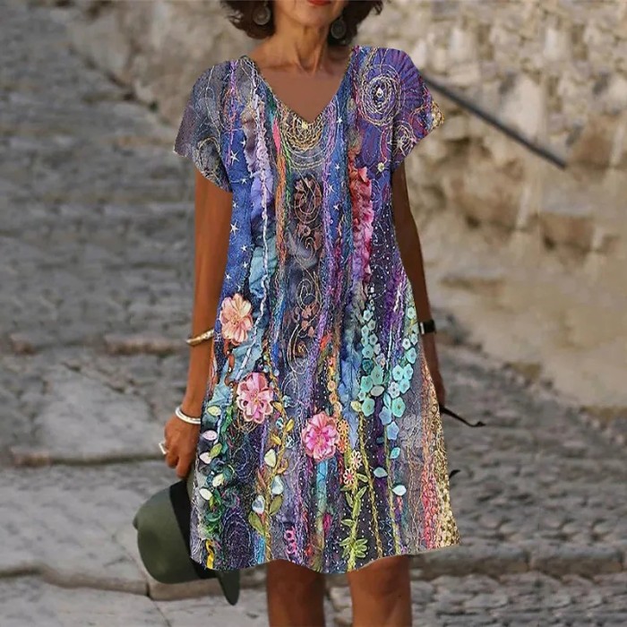 Ladies Fashion Print Loose V Neck Casual Dress