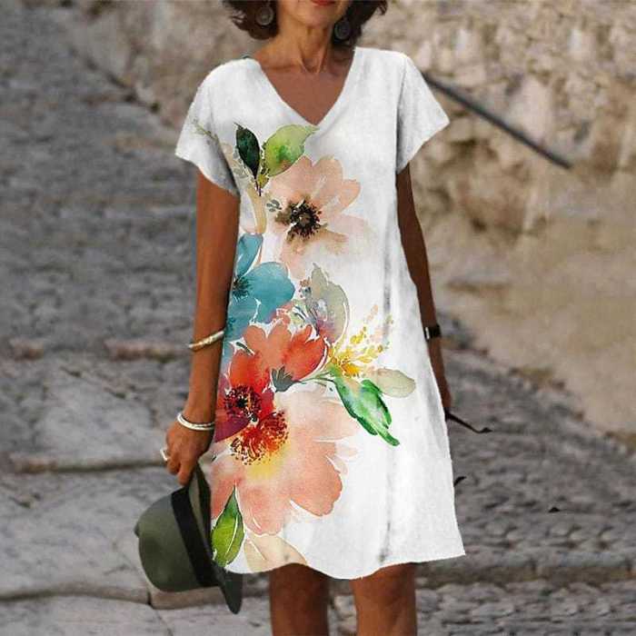 Ladies Fashion Print Loose V Neck Casual Dress