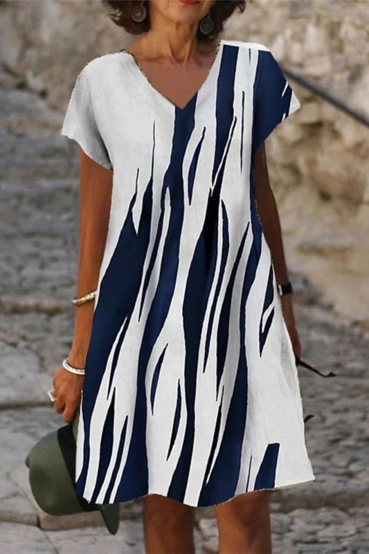 Ladies Fashion Print Loose V Neck Casual Dress