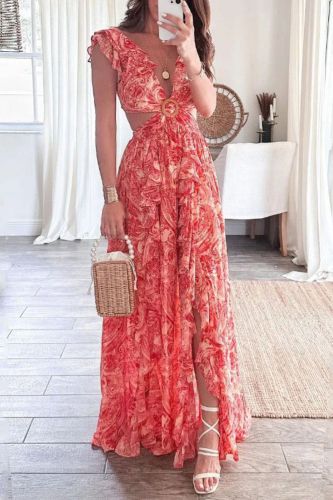 Summer Fashion Print V Neck Cutout Backless Lace Up Ruffle Slit Maxi Dress