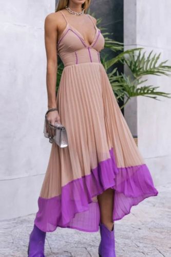 Women's Summer Fashion V Neck Slim Sleeveless Halter Pleated Irregular Maxi Dress
