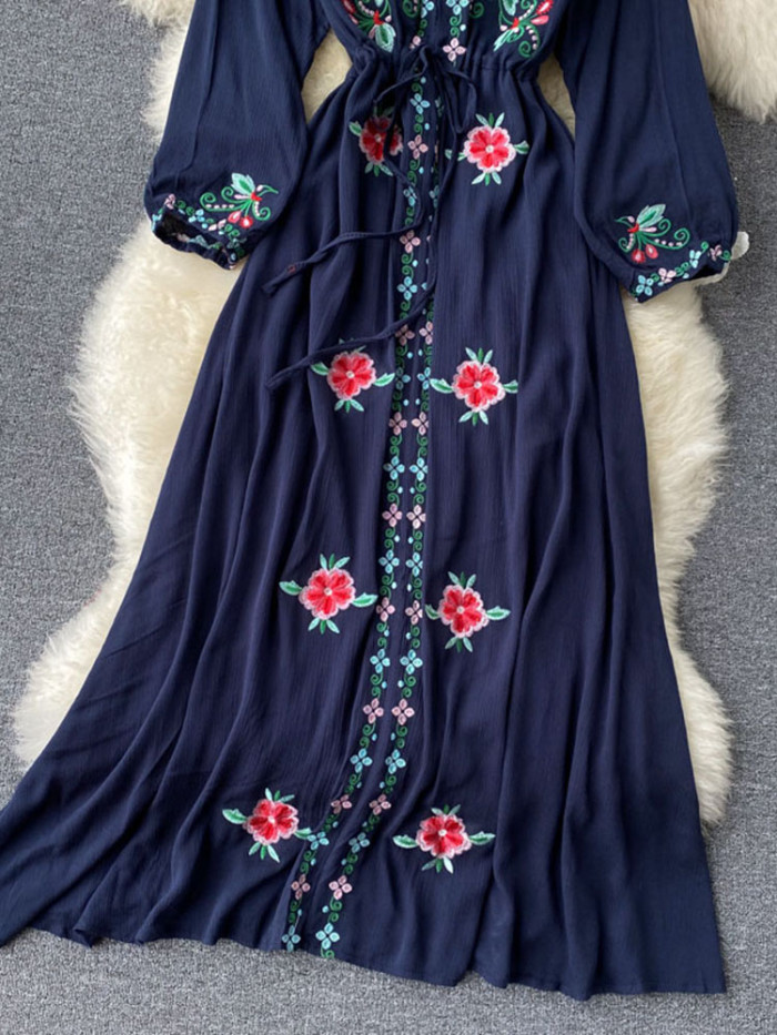 Women's Fashion Retro Ethnic Style Embroidered V-neck Balloon Sleeve  Maxi Dress