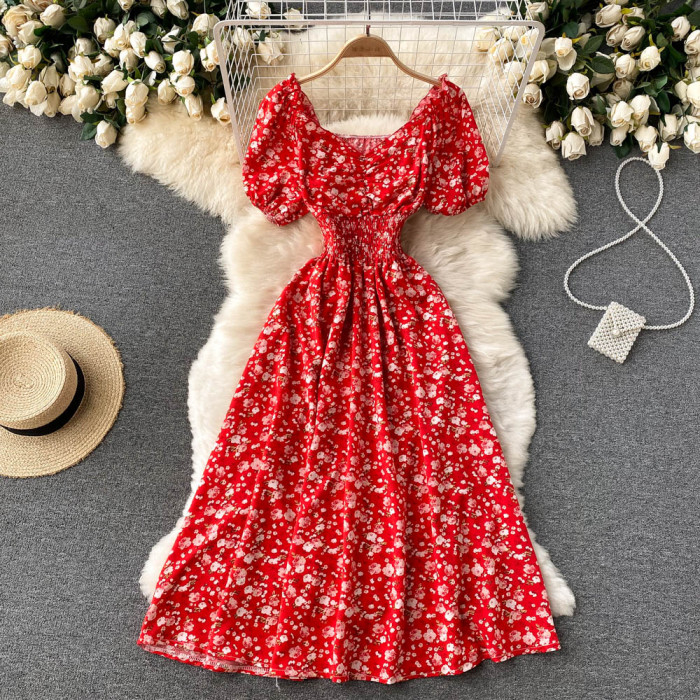Women's Fashion V Neck Puff Sleeve Floral Print Casual Maxi Dress