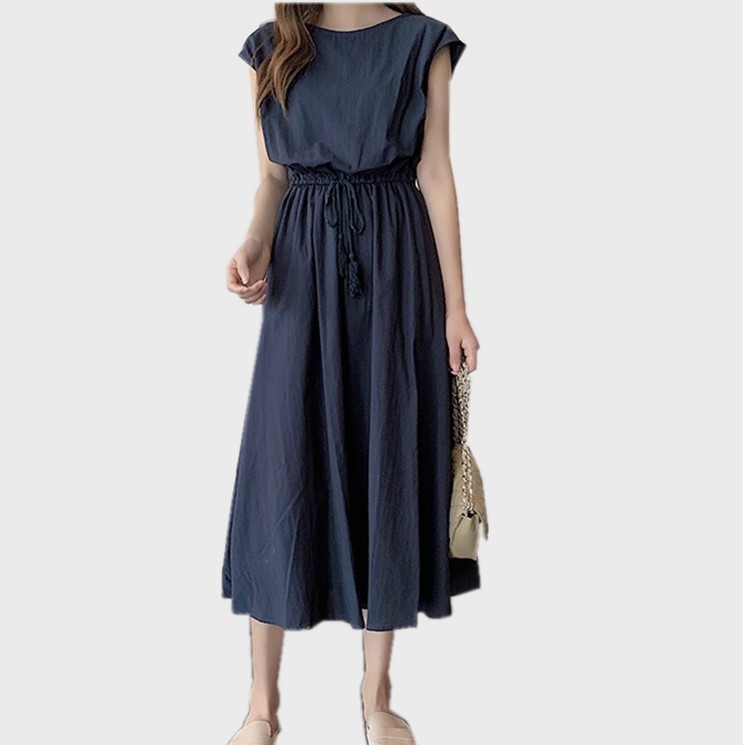 Women Dress Summer Cotton Linen Elastic Waist Elegant Short Sleeve  Maxi Dress