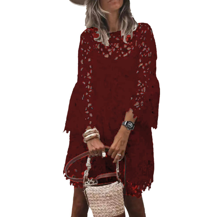 Elegant Embroidered Lace Fashion Casual Loose Solid Color O-Neck Cutout Party Dress