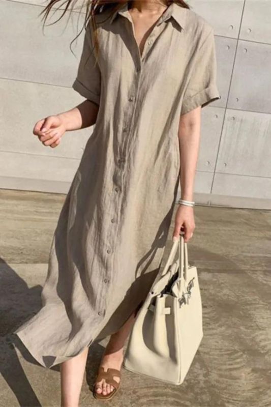 Summer Fashion Loose Lapel Tunic Short Sleeve Shirt  Casual Dress