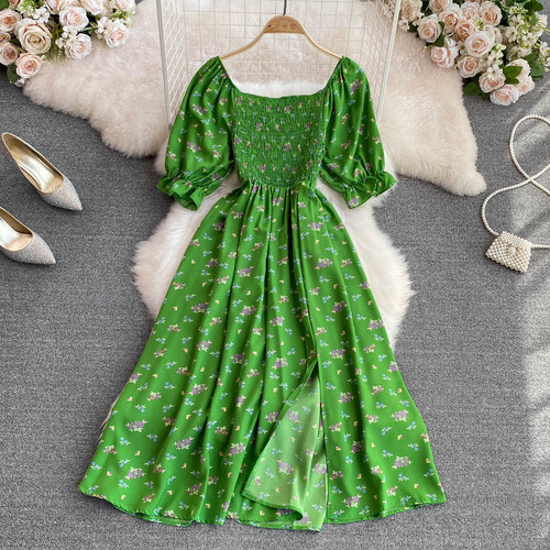 Fashion Floral Summer Square Neck Puff Sleeve Slit Slim Pleated Maxi Dress