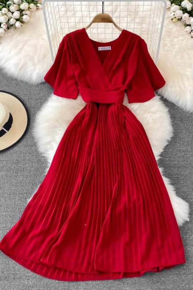 Women's Fashion Elegant Pleated Summer V Neck Vintage A-Line High Waist Maxi Dress