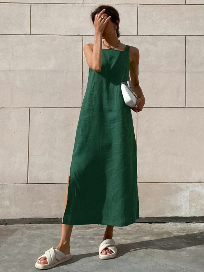 Summer Women Casual Solid Green Side Slit Spaghetti  Maxi Dress
