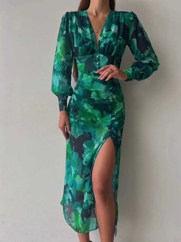 Summer Fashion Sexy Green Print Temperament Waist Elegant  Maxi Dress