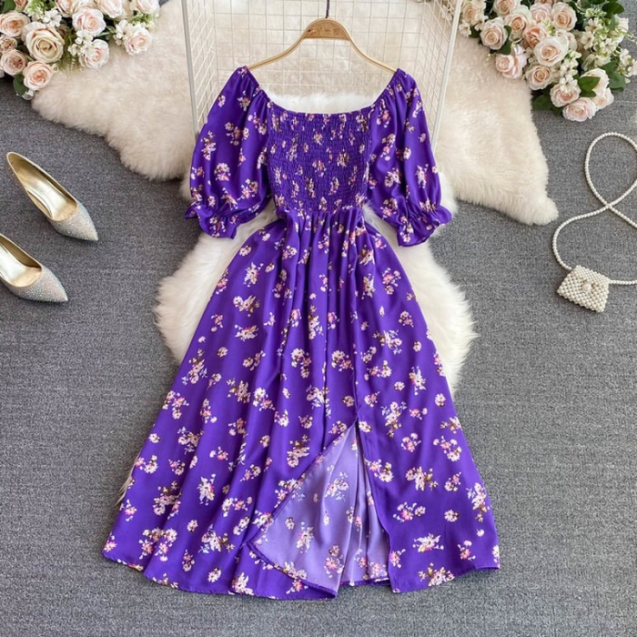 Fashion Floral Summer Square Neck Puff Sleeve Slit Slim Pleated Maxi Dress