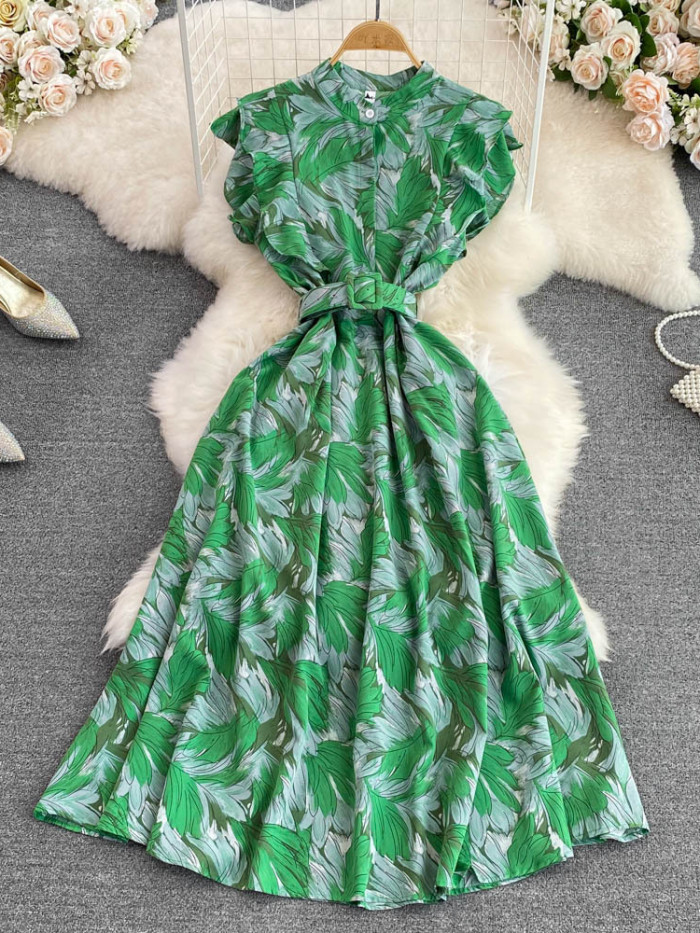 Women Summer Stand Collar Print Elegant High Waist Fashion Party  Maxi Dress