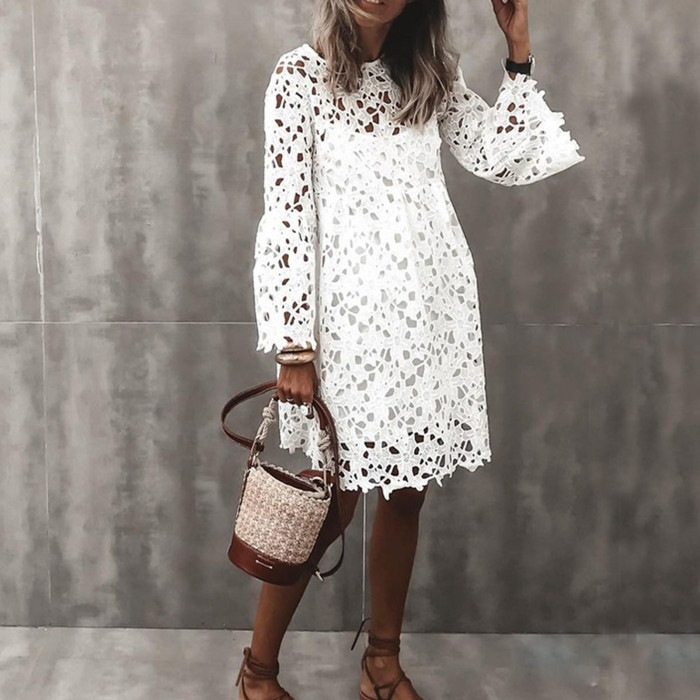 Elegant Embroidered Lace Fashion Casual Loose Solid Color O-Neck Cutout Party Dress