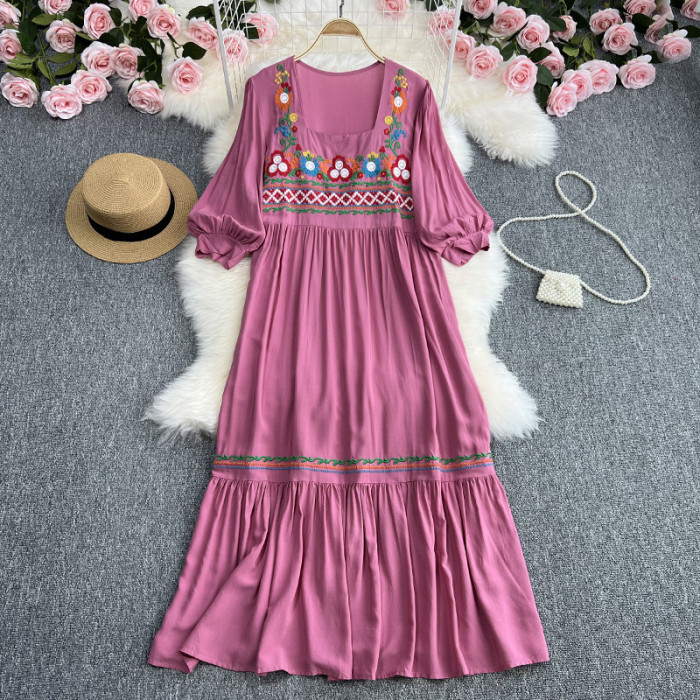 Women's Embroidered Bohemian Solid Color O-Neck Elegant Loose Maxi Dress