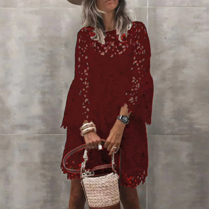 Elegant Embroidered Lace Fashion Casual Loose Solid Color O-Neck Cutout Party Dress