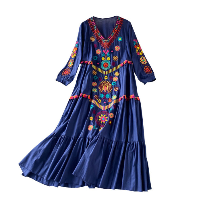 Vintage Chic Women's Floral Embroidery V Neck Cotton Linen Boho Maxi Dress