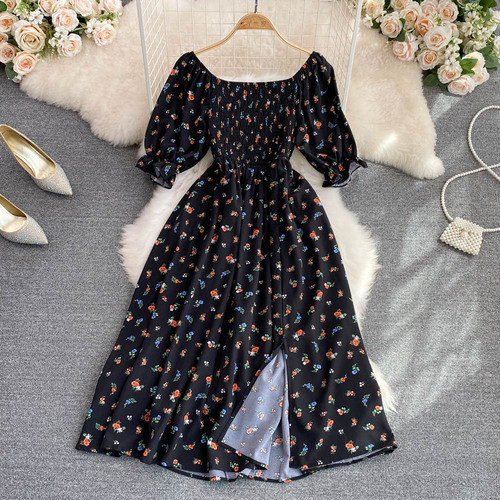 Fashion Floral Summer Square Neck Puff Sleeve Slit Slim Pleated Maxi Dress
