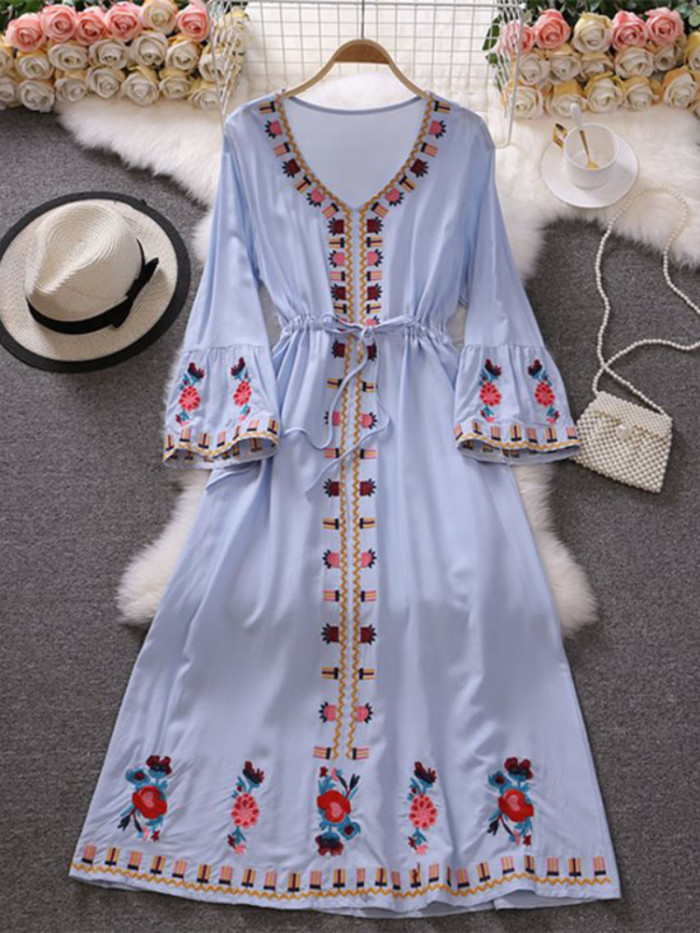 Summer Retro Fashion Elegant Embroidered V-neck A-line Holiday Swing Maxi Dress