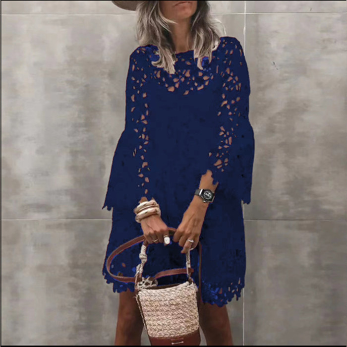 Elegant Embroidered Lace Fashion Casual Loose Solid Color O-Neck Cutout Party Dress