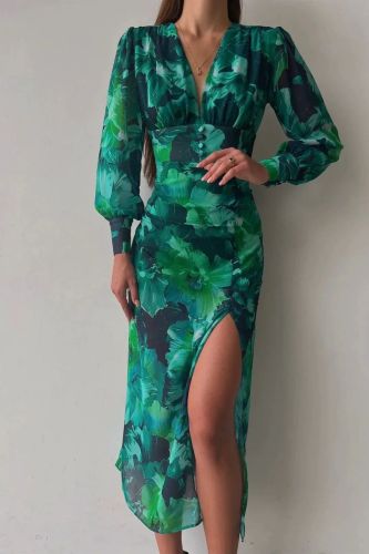Summer Fashion Sexy Green Print Temperament Waist Elegant  Maxi Dress