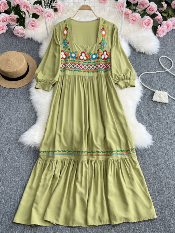 Women's Embroidered Bohemian Solid Color O-Neck Elegant Loose Maxi Dress