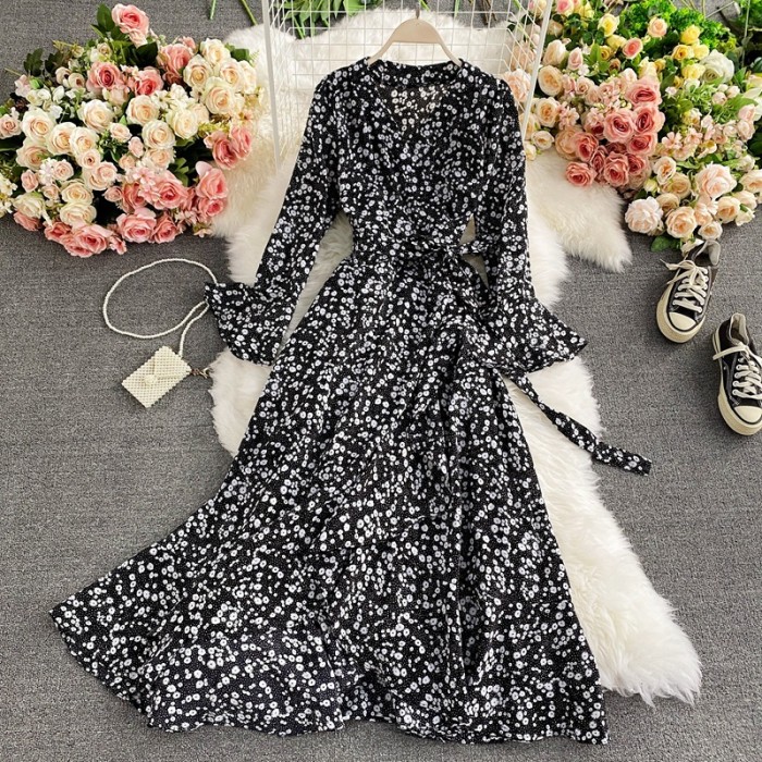 Casual V Neck Long Sleeve Vintage Elegant Oversized Hem Floral Ruffle Party Maxi Dress