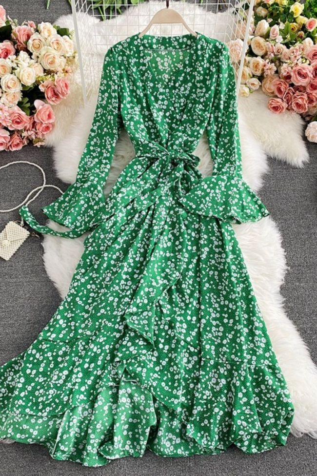 Casual V Neck Long Sleeve Vintage Elegant Oversized Hem Floral Ruffle Party Maxi Dress