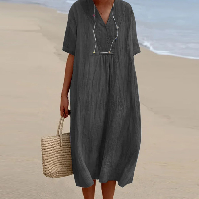 Women's Fashion V Neck Solid Color Loose Beach Cotton Linen Casual Dress