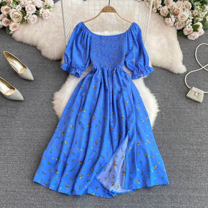 Fashion Floral Summer Square Neck Puff Sleeve Slit Slim Pleated Maxi Dress