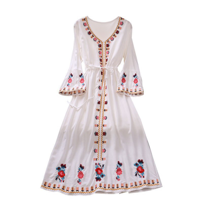 Summer Retro Fashion Elegant Embroidered V-neck A-line Holiday Swing Maxi Dress