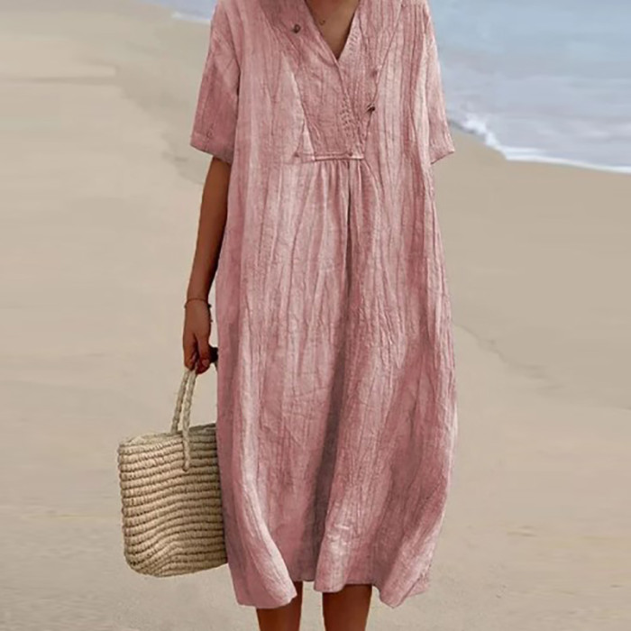 Women's Fashion V Neck Solid Color Loose Beach Cotton Linen Casual Dress