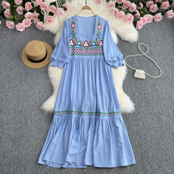 Women's Embroidered Bohemian Solid Color O-Neck Elegant Loose Maxi Dress