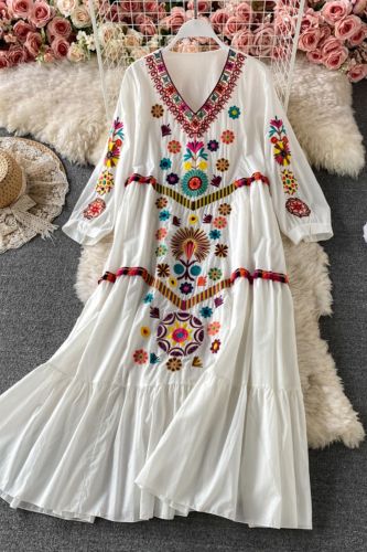 Vintage Chic Women's Floral Embroidery V Neck Cotton Linen Boho Maxi Dress