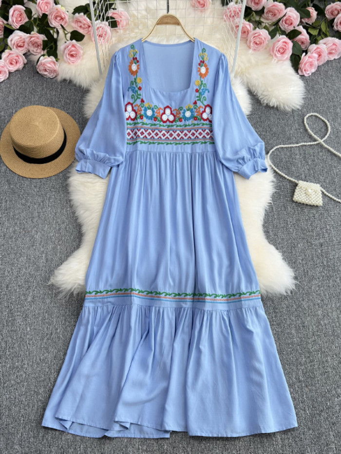 Women's Embroidered Bohemian Solid Color O-Neck Elegant Loose Maxi Dress