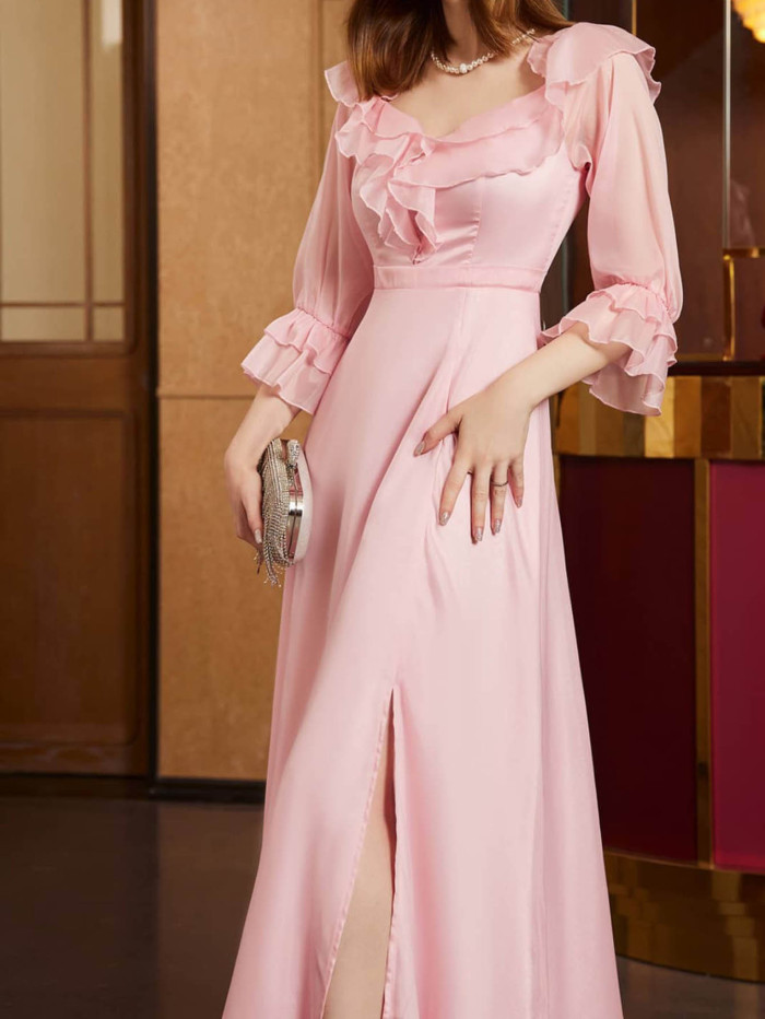 Fashion Buy Pink Wedding Dress Ruffle Elegant Formal Evening Gown Wedding Guest Dress