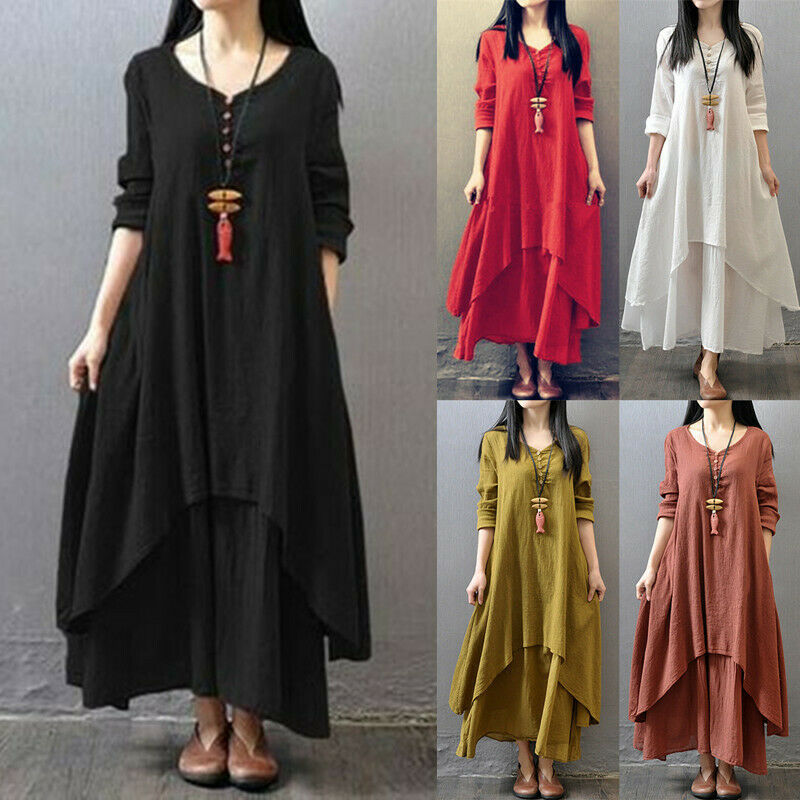 Summer Women's Solid Color Bohemian Style Retro Loose Irregular Swing Casual Dress