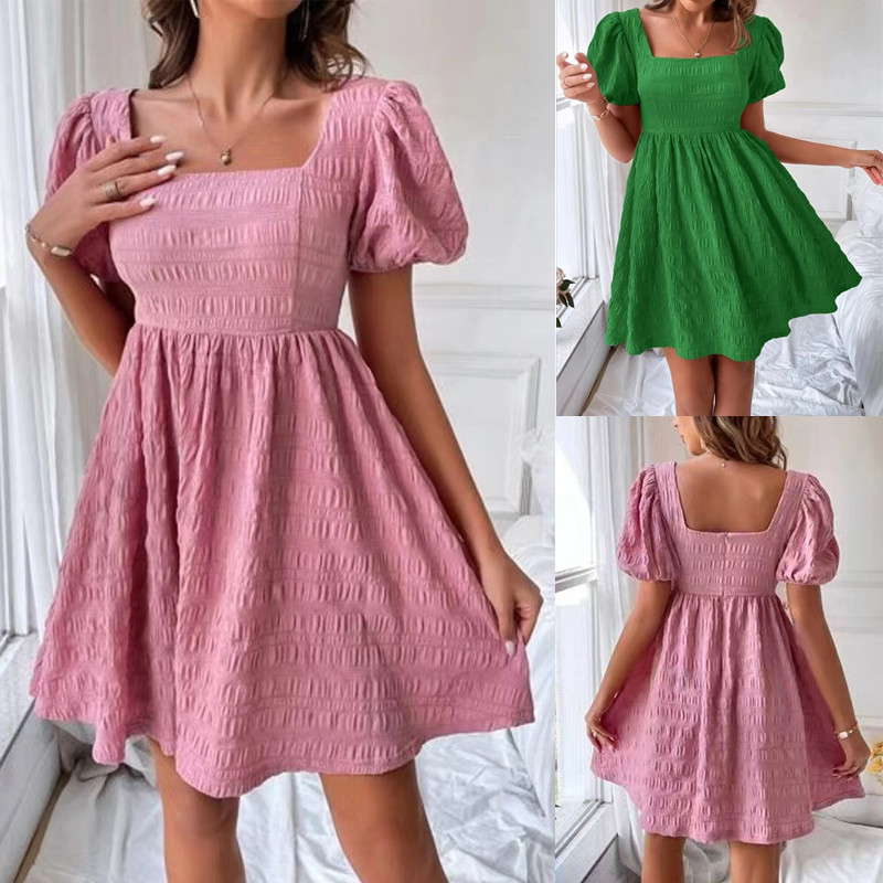 Women's Summer Puff Sleeve Square Neck Solid Color Casual Elegant A-Line Mini Dress