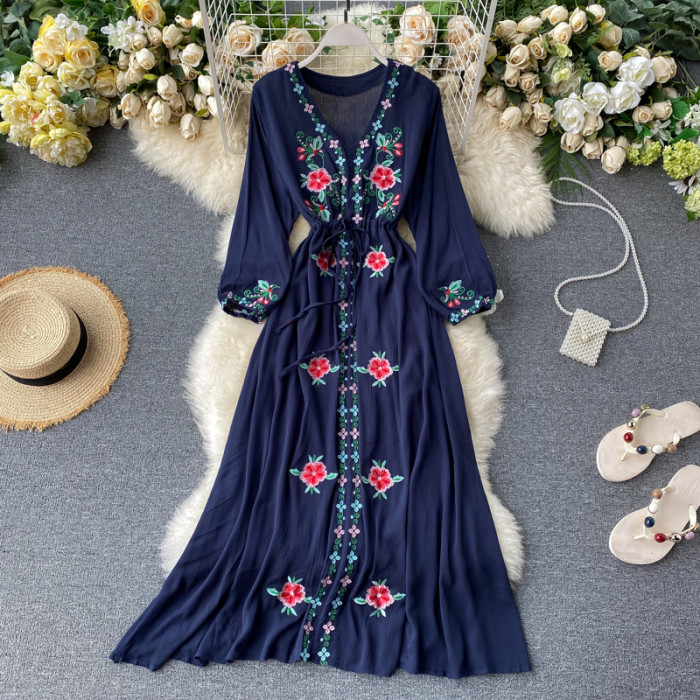 Women's Fashion Retro Ethnic Style Embroidered V-neck Balloon Sleeve  Maxi Dress