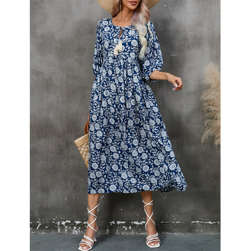 Ladies Fashion V Neck Loose Bohemian Seaside Casual  Maxi Dress