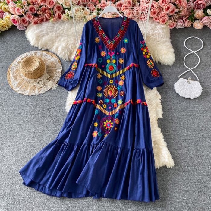 Vintage Chic Women's Floral Embroidery V Neck Cotton Linen Boho Maxi Dress