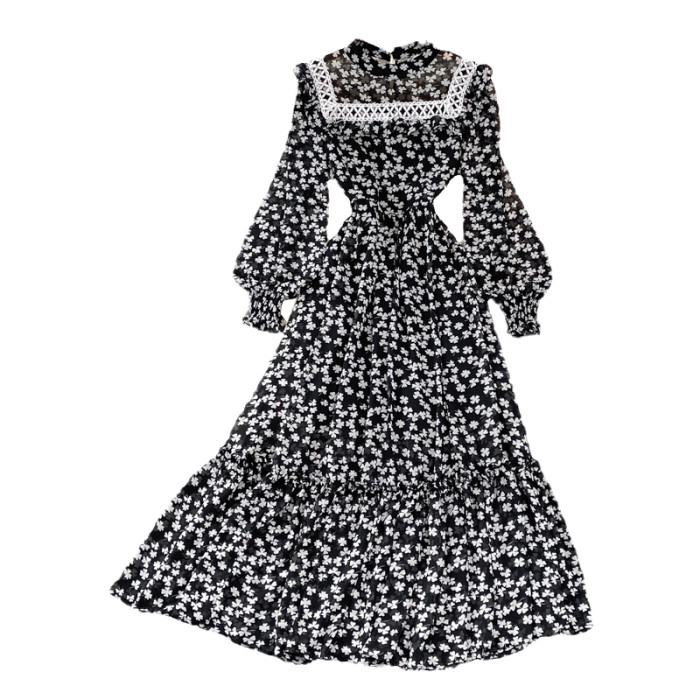 Women's Fashion Stand Collar Long Sleeves Slim Stitching Floral  Maxi Dress