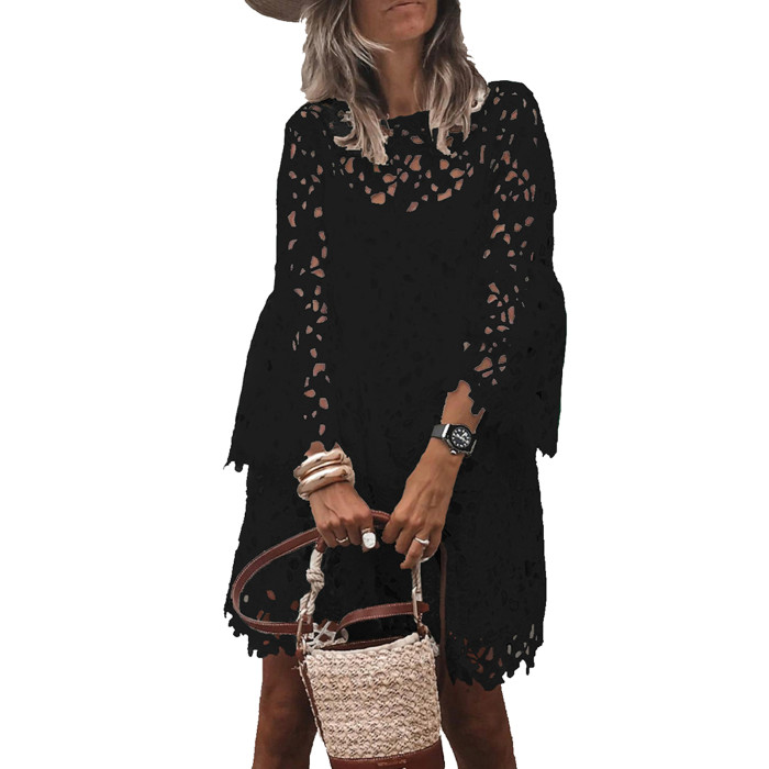 Elegant Embroidered Lace Fashion Casual Loose Solid Color O-Neck Cutout Party Dress