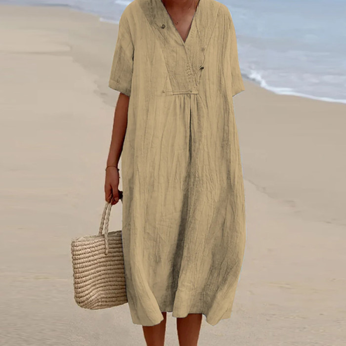 Women's Fashion V Neck Solid Color Loose Beach Cotton Linen Casual Dress
